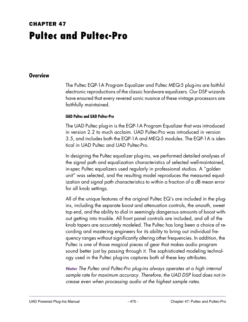 Pultec and pultec-pro, Overview, Chapter 47. pultec and pultec-pro | Universal Audio UAD POWERED PLUG-INS ver.6.1 User Manual | Page 475 / 585