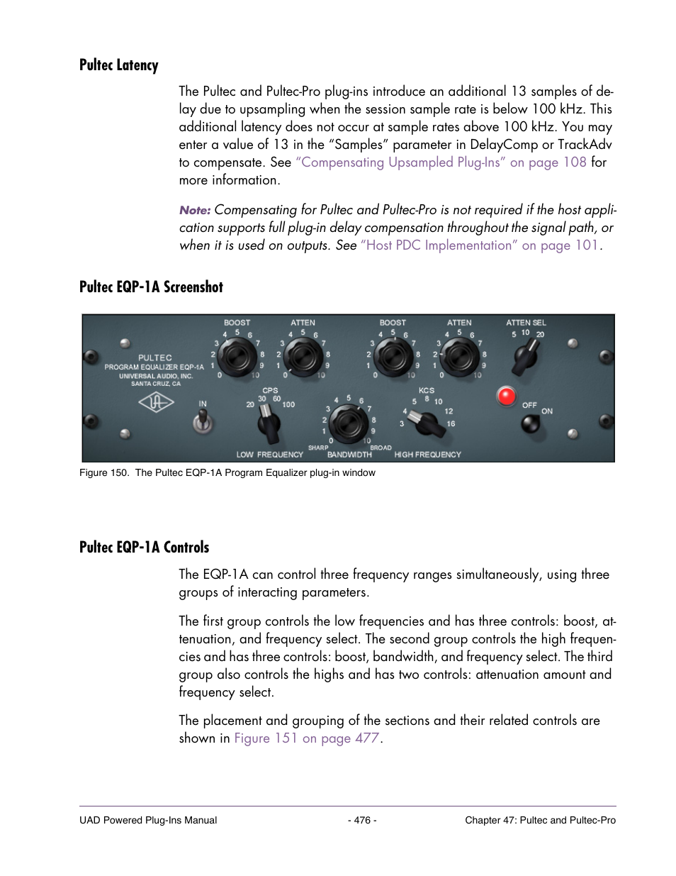 Pultec latency, Pultec eqp-1a screenshot, Pultec eqp-1a controls | Pultec eqp-1a screenshot pultec eqp-1a controls | Universal Audio UAD POWERED PLUG-INS ver.6.1 User Manual | Page 476 / 585