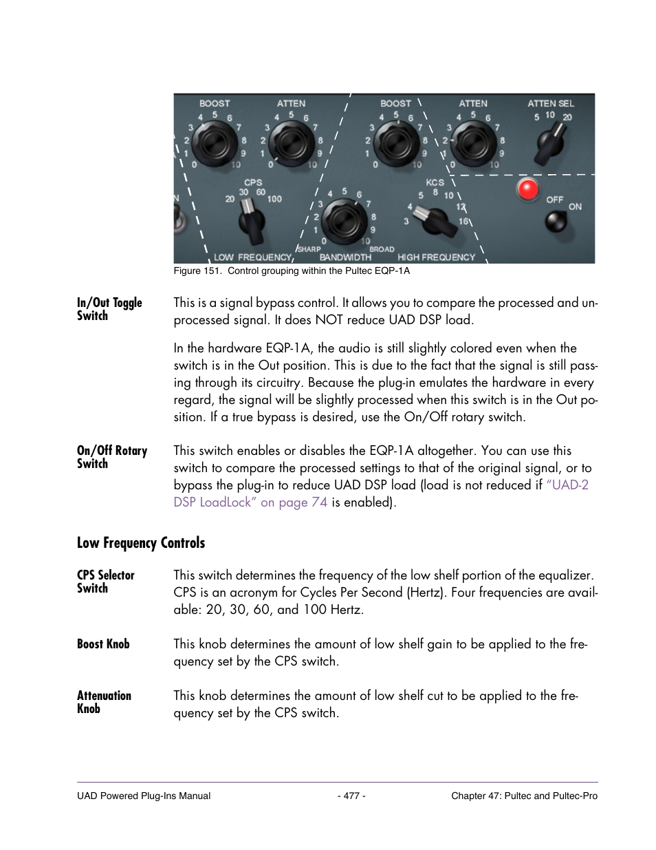 In/out toggle switch, On/off rotary switch, Low frequency controls | Cps selector switch, Boost knob, Attenuation knob, Shown in | Universal Audio UAD POWERED PLUG-INS ver.6.1 User Manual | Page 477 / 585