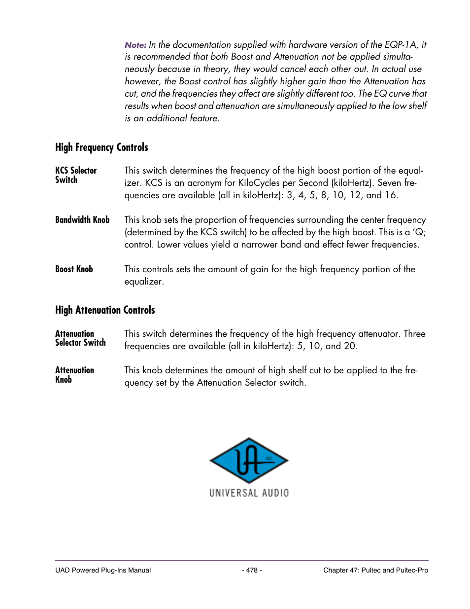 High frequency controls, Kcs selector switch, Bandwidth knob | Boost knob, High attenuation controls, Attenuation selector switch, Attenuation knob | Universal Audio UAD POWERED PLUG-INS ver.6.1 User Manual | Page 478 / 585