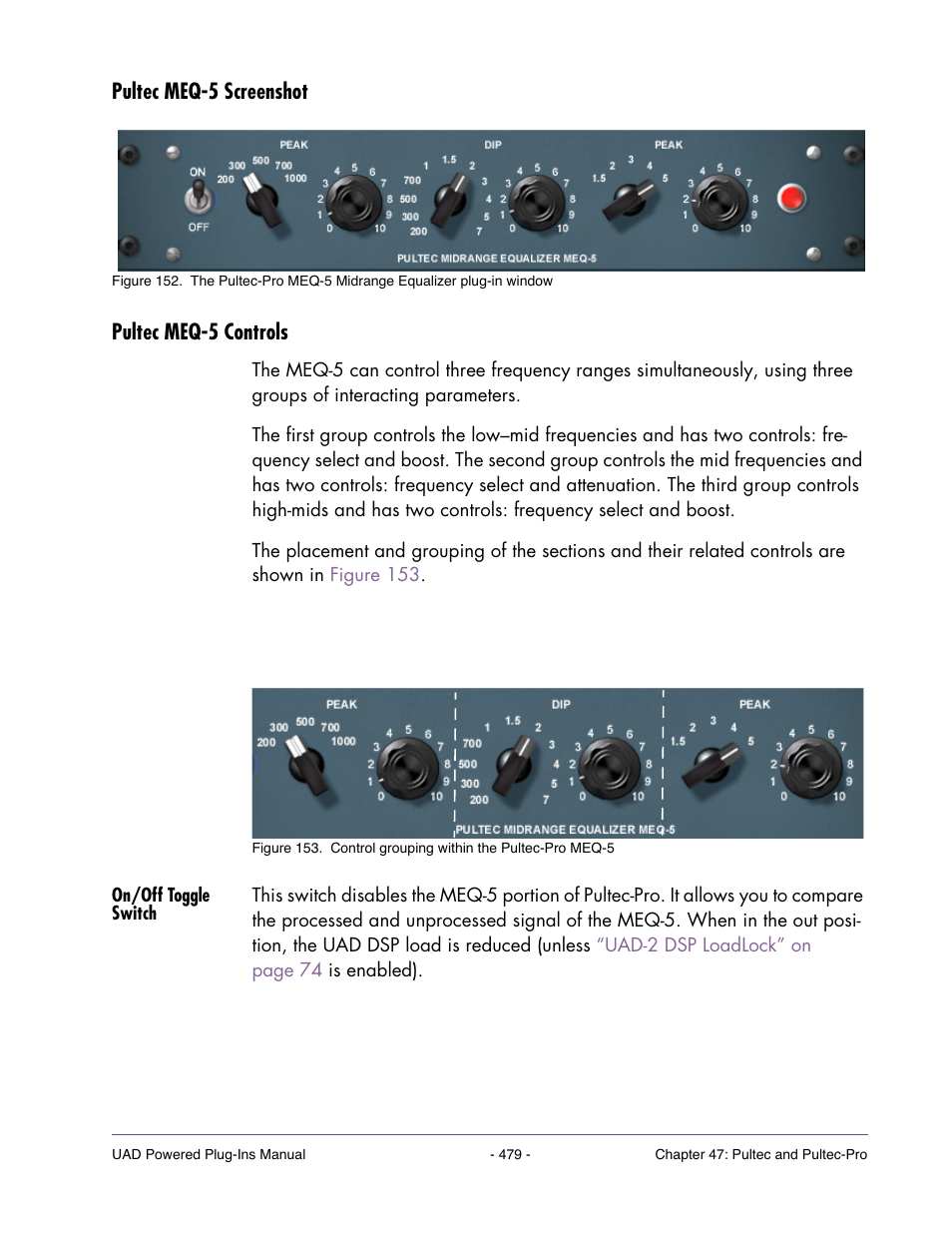 Pultec meq-5 screenshot, Pultec meq-5 controls, On/off toggle switch | Pultec meq-5 screenshot pultec meq-5 controls | Universal Audio UAD POWERED PLUG-INS ver.6.1 User Manual | Page 479 / 585