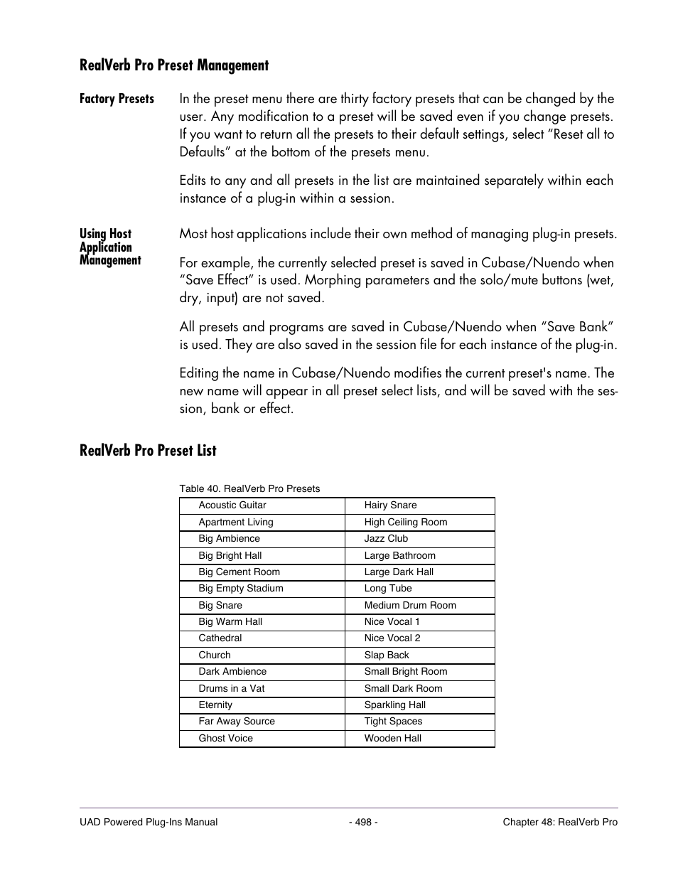 Realverb pro preset management, Factory presets, Using host application management | Realverb pro preset list | Universal Audio UAD POWERED PLUG-INS ver.6.1 User Manual | Page 498 / 585