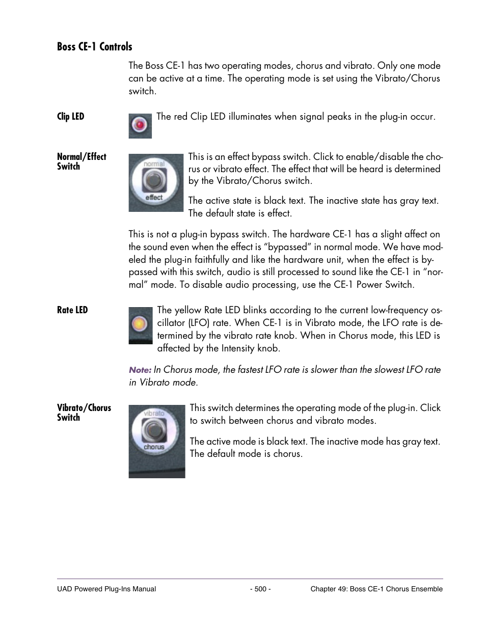 Boss ce-1 controls, Clip led, Normal/effect switch | Rate led, Vibrato/chorus switch | Universal Audio UAD POWERED PLUG-INS ver.6.1 User Manual | Page 500 / 585