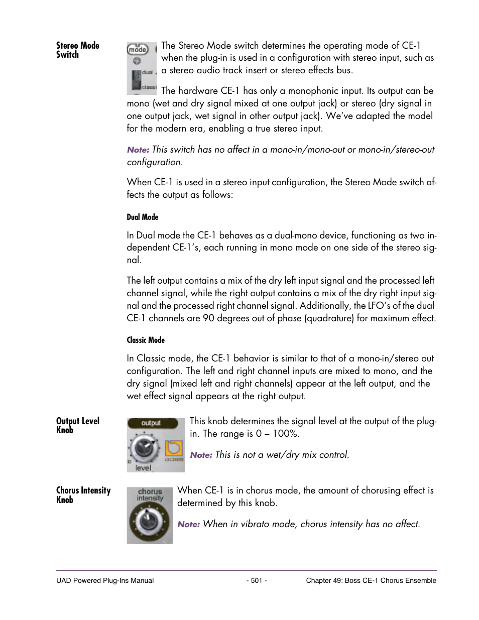 Stereo mode switch, Output level knob, Chorus intensity knob | Universal Audio UAD POWERED PLUG-INS ver.6.1 User Manual | Page 501 / 585