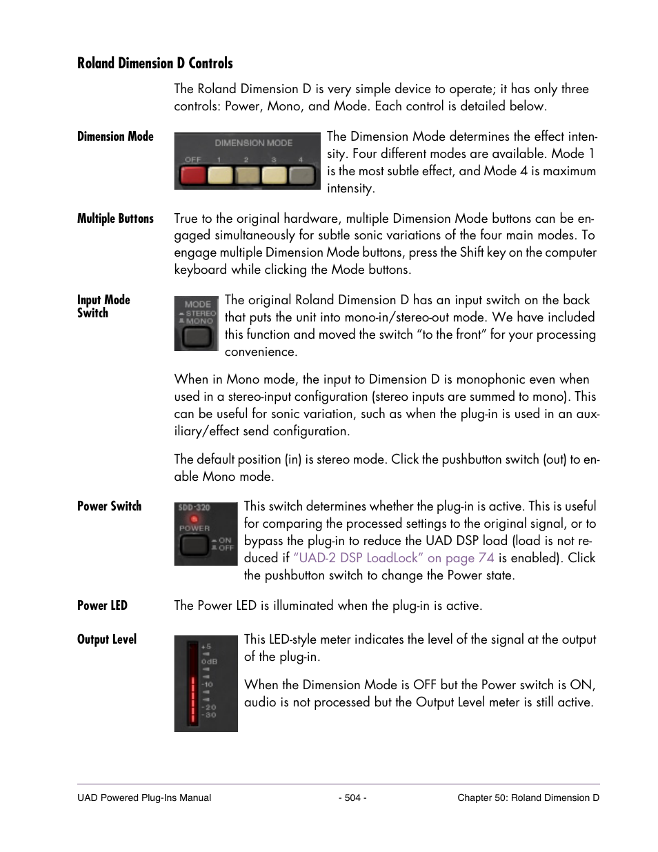 Roland dimension d controls, Dimension mode, Multiple buttons | Input mode switch, Power switch, Power led, Output level | Universal Audio UAD POWERED PLUG-INS ver.6.1 User Manual | Page 504 / 585