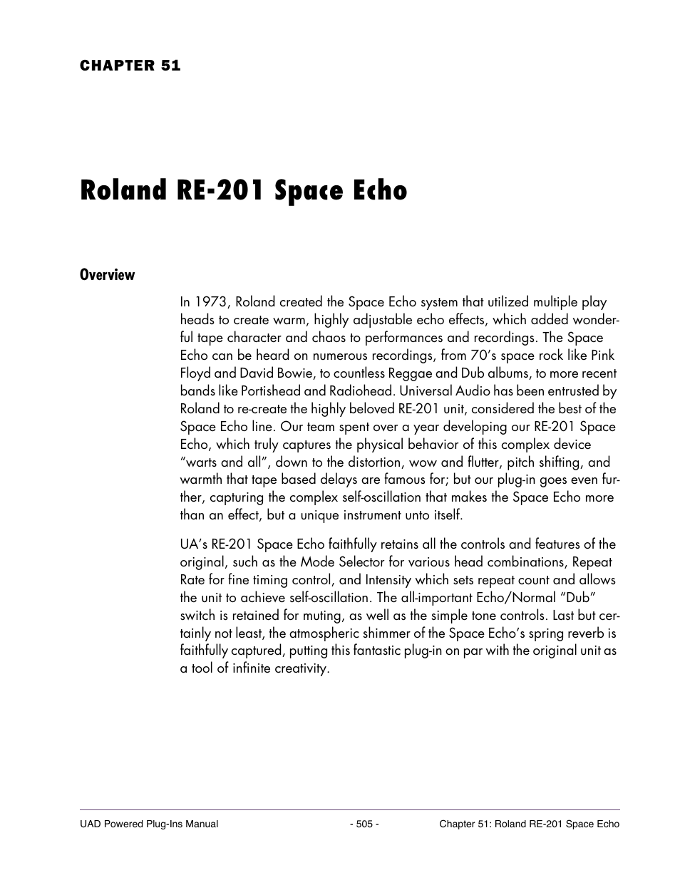 Roland re-201 space echo, Overview, Chapter 51. roland re-201 space echo | Universal Audio UAD POWERED PLUG-INS ver.6.1 User Manual | Page 505 / 585