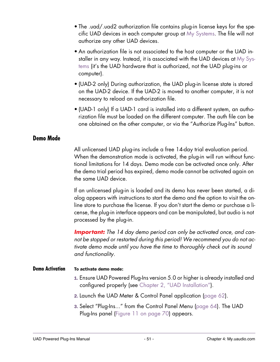 Demo mode, Demo activation, Demo mode” on | Period without any functional restrictions. see | Universal Audio UAD POWERED PLUG-INS ver.6.1 User Manual | Page 51 / 585