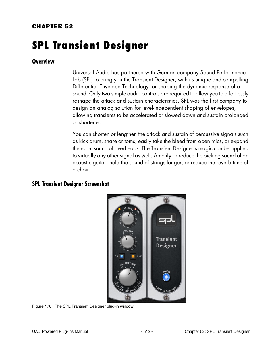 Spl transient designer, Overview, Spl transient designer screenshot | Chapter 52. spl transient designer | Universal Audio UAD POWERED PLUG-INS ver.6.1 User Manual | Page 512 / 585