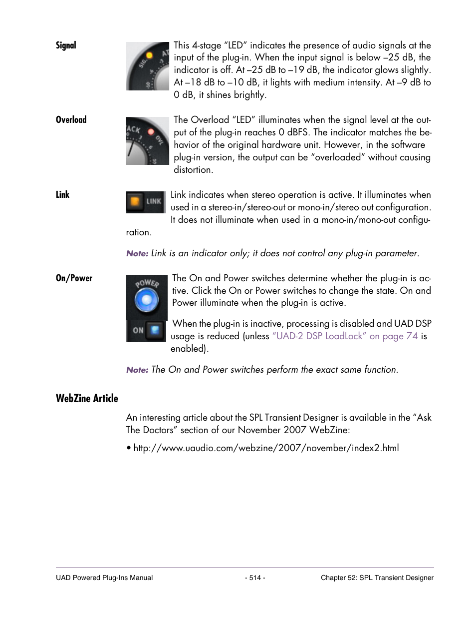 Signal, Overload, Link | On/power, Webzine article | Universal Audio UAD POWERED PLUG-INS ver.6.1 User Manual | Page 514 / 585