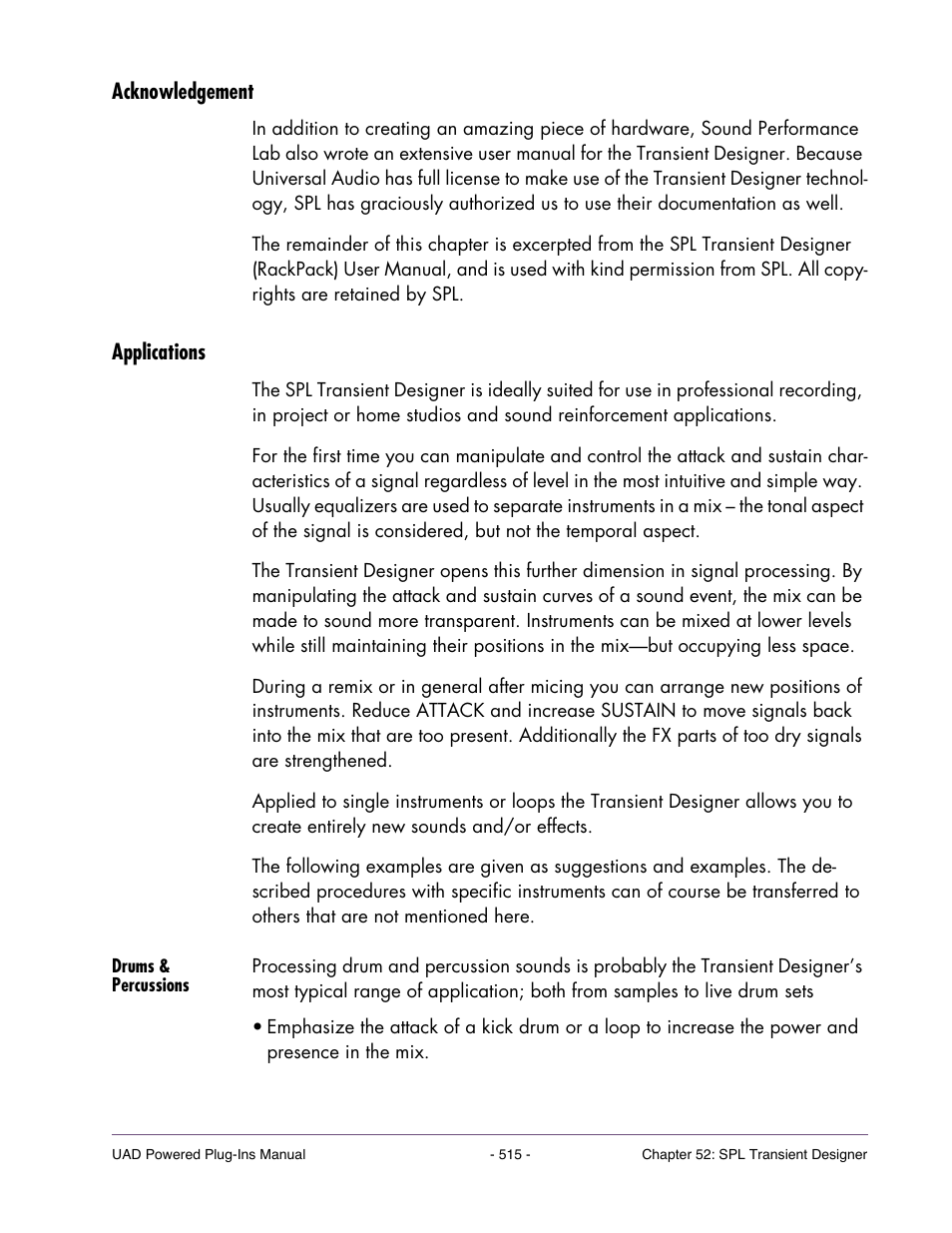 Acknowledgement, Applications, Drums & percussions | Universal Audio UAD POWERED PLUG-INS ver.6.1 User Manual | Page 515 / 585