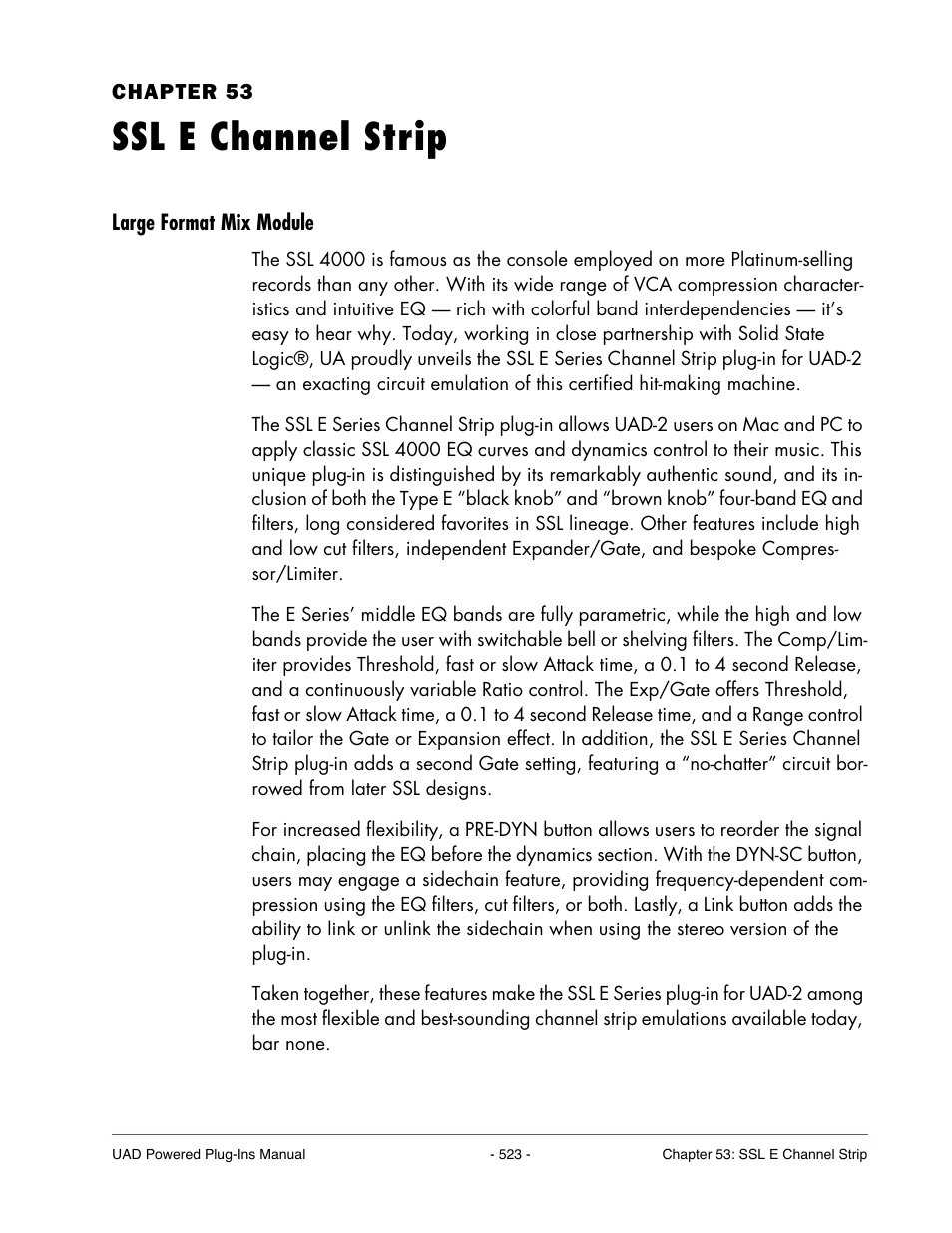 Ssl e channel strip, Large format mix module, Chapter 53. ssl e channel strip | Universal Audio UAD POWERED PLUG-INS ver.6.1 User Manual | Page 523 / 585