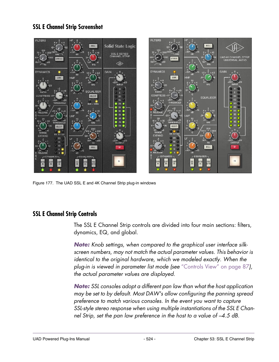 Ssl e channel strip screenshot, Ssl e channel strip controls | Universal Audio UAD POWERED PLUG-INS ver.6.1 User Manual | Page 524 / 585