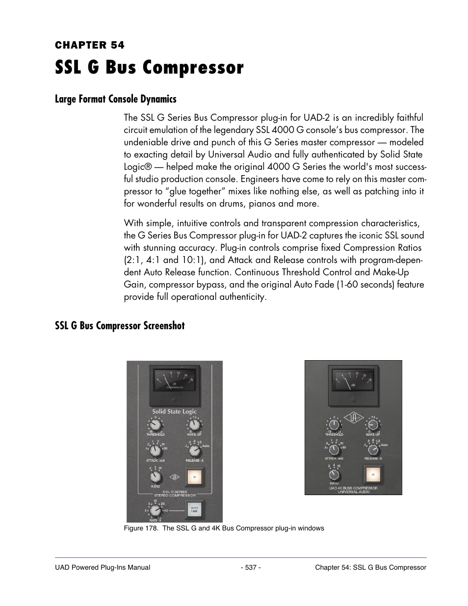 Ssl g bus compressor, Large format console dynamics, Ssl g bus compressor screenshot | Chapter 54. ssl g bus compressor | Universal Audio UAD POWERED PLUG-INS ver.6.1 User Manual | Page 537 / 585