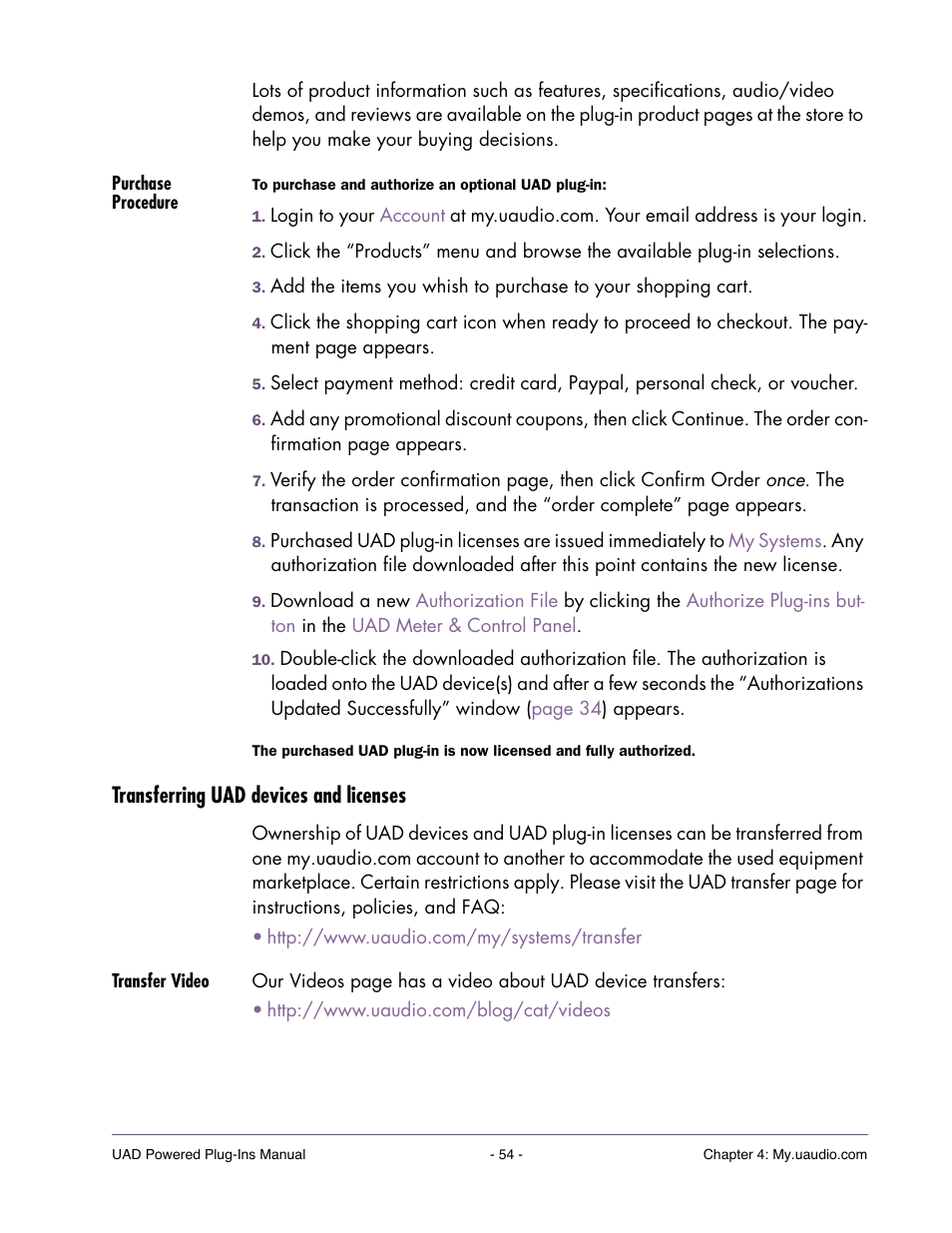 Purchase procedure, Transferring uad devices and licenses, Transfer video | Universal Audio UAD POWERED PLUG-INS ver.6.1 User Manual | Page 54 / 585