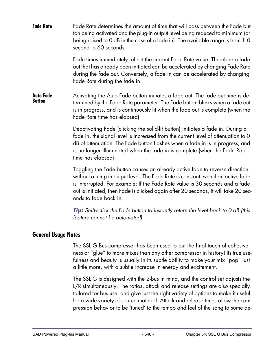 Fade rate, Auto fade button, General usage notes | Universal Audio UAD POWERED PLUG-INS ver.6.1 User Manual | Page 540 / 585