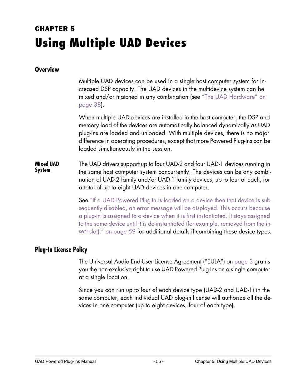 Using multiple uad devices, Overview, Mixed uad system | Plug-in license policy, Chapter 5. using multiple uad devices, A multidevice system. see, Chapter 5, “using multiple uad devices | Universal Audio UAD POWERED PLUG-INS ver.6.1 User Manual | Page 55 / 585