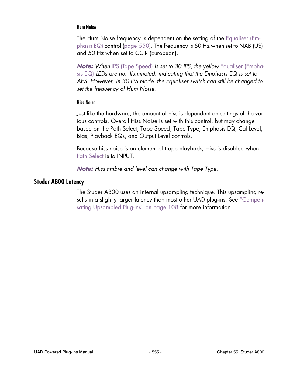 Studer a800 latency, For more information about hum, Hum noise | Hiss noise, Controls | Universal Audio UAD POWERED PLUG-INS ver.6.1 User Manual | Page 555 / 585