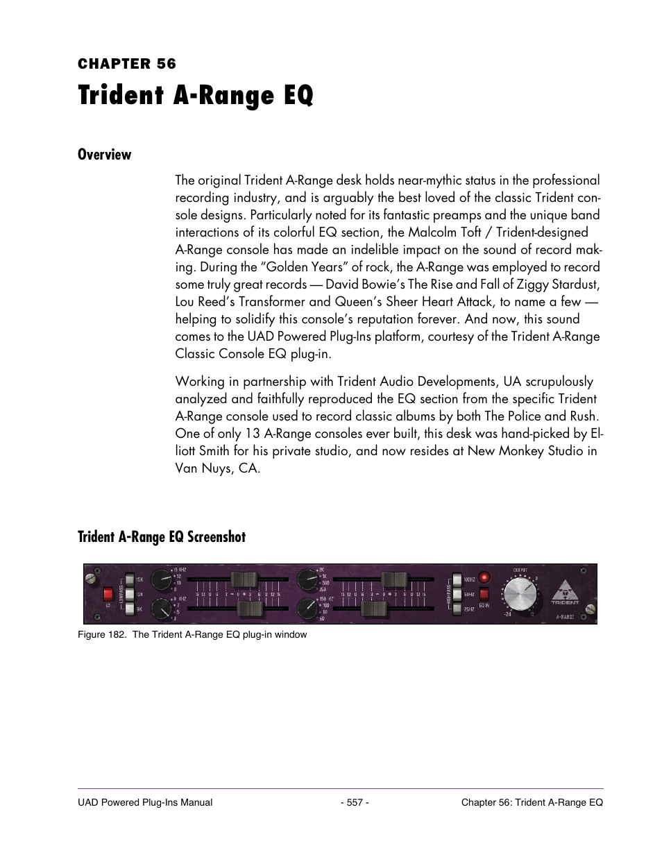 Trident a-range eq, Overview, Trident a-range eq screenshot | Chapter 56. trident a-range eq | Universal Audio UAD POWERED PLUG-INS ver.6.1 User Manual | Page 557 / 585