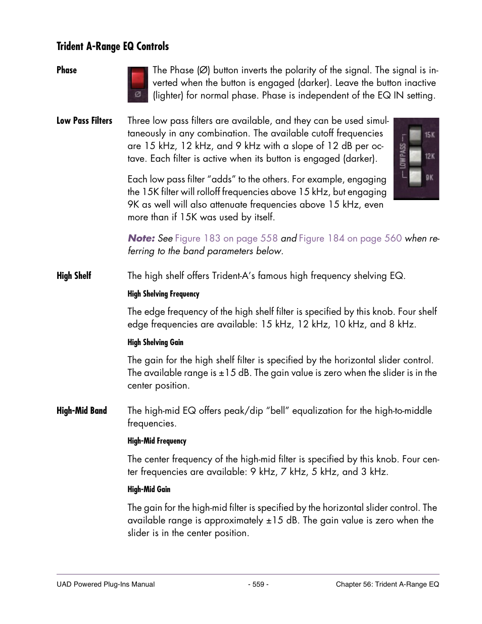 Trident a-range eq controls, Phase, Low pass filters | High shelf, High-mid band | Universal Audio UAD POWERED PLUG-INS ver.6.1 User Manual | Page 559 / 585