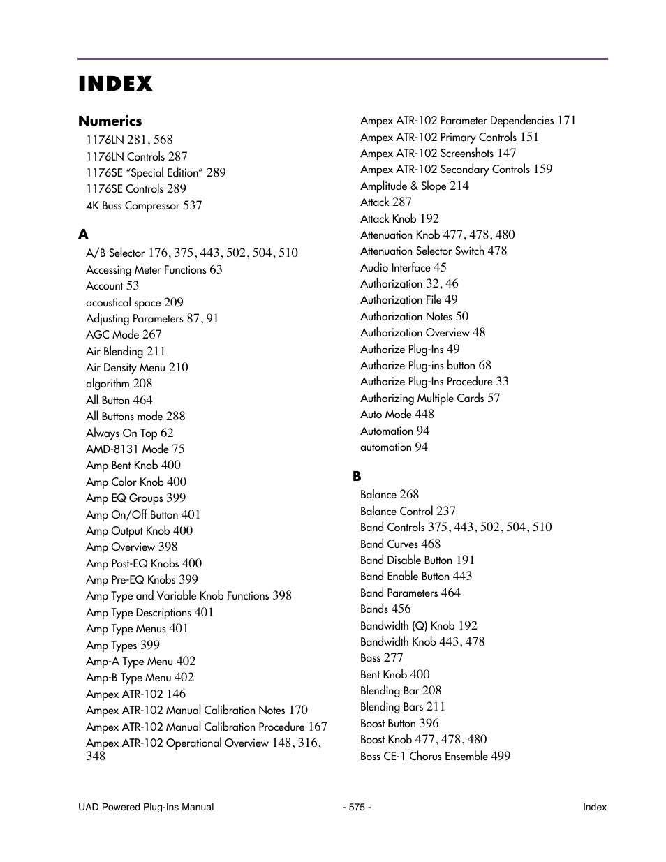 Index | Universal Audio UAD POWERED PLUG-INS ver.6.1 User Manual | Page 575 / 585