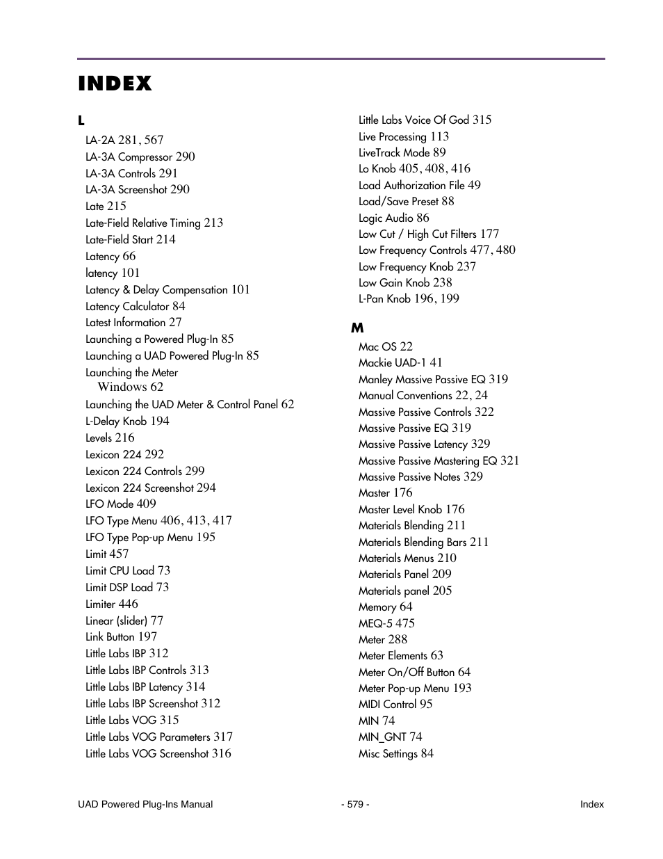 Index | Universal Audio UAD POWERED PLUG-INS ver.6.1 User Manual | Page 579 / 585