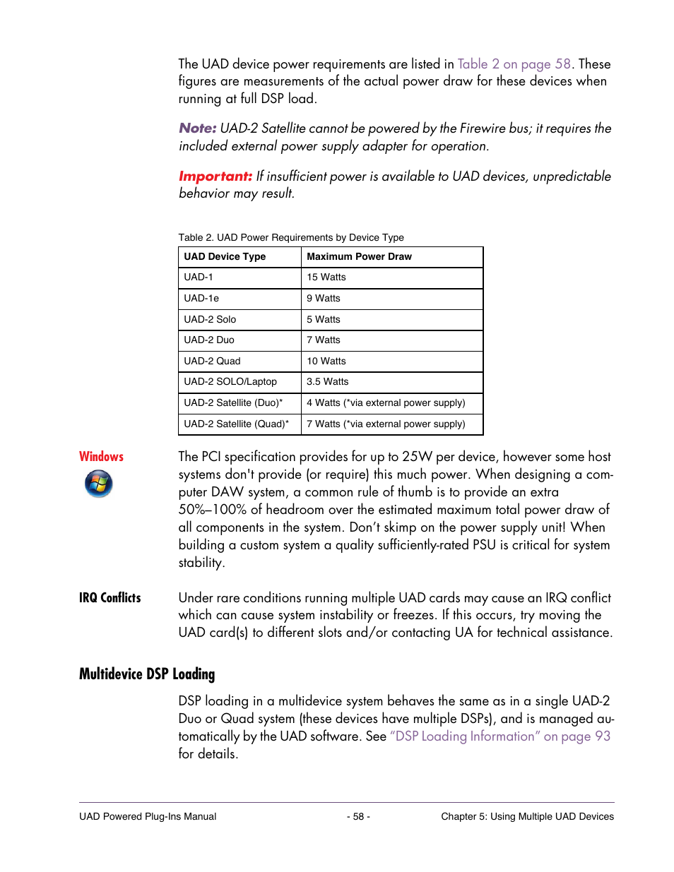 Irq conflicts, Multidevice dsp loading | Universal Audio UAD POWERED PLUG-INS ver.6.1 User Manual | Page 58 / 585