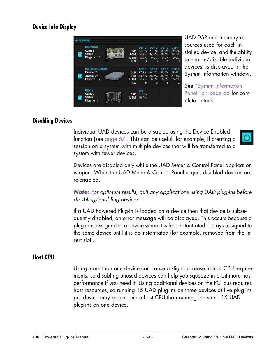 Device info display, Disabling devices, Host cpu | Universal Audio UAD POWERED PLUG-INS ver.6.1 User Manual | Page 59 / 585