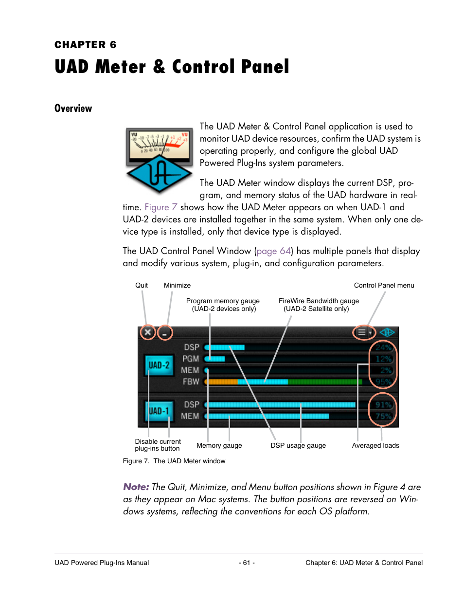 Uad meter & control panel, Overview, Chapter 6. uad meter & control panel | Displays the current resource loads of the, The uad meter & control panel, Is a utility ap, Displays, In the, Chapter 6 | Universal Audio UAD POWERED PLUG-INS ver.6.1 User Manual | Page 61 / 585