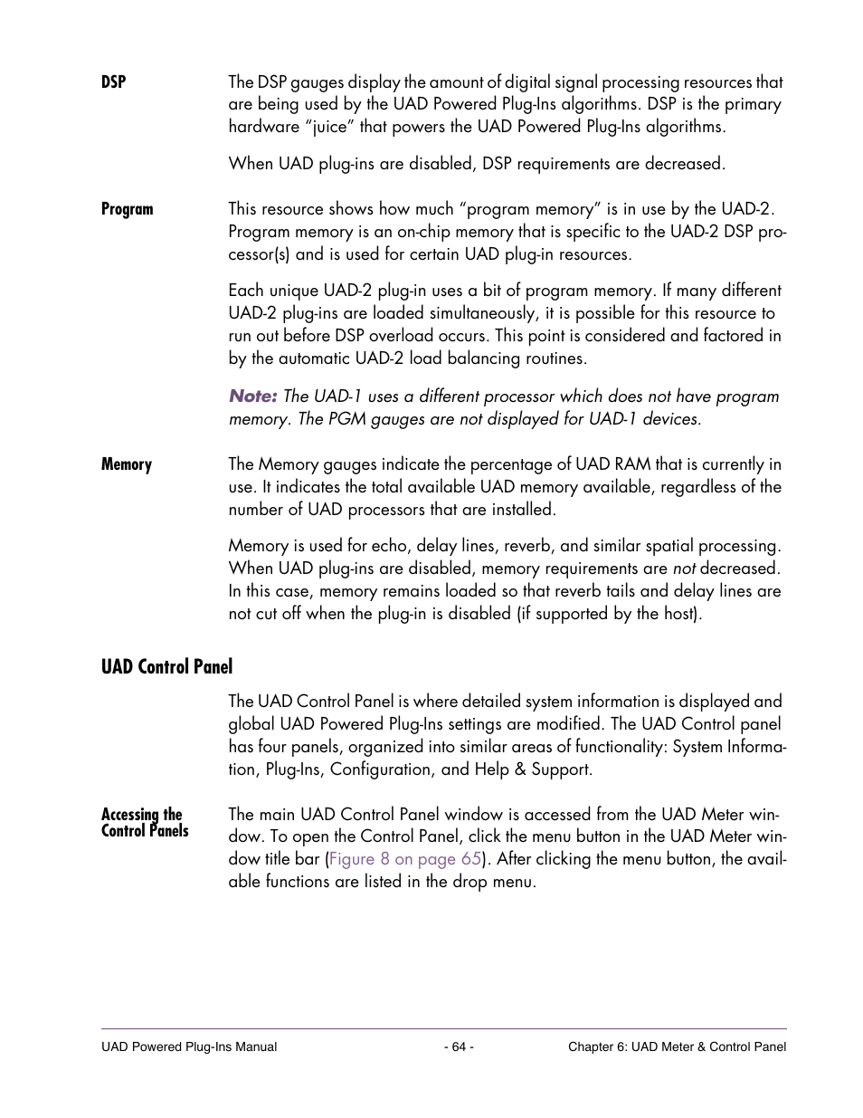 Program, Memory, Uad control panel | Accessing the control panels, Has multiple panels that display and modify, The uad control panel window, Has multiple panels that display | Universal Audio UAD POWERED PLUG-INS ver.6.1 User Manual | Page 64 / 585