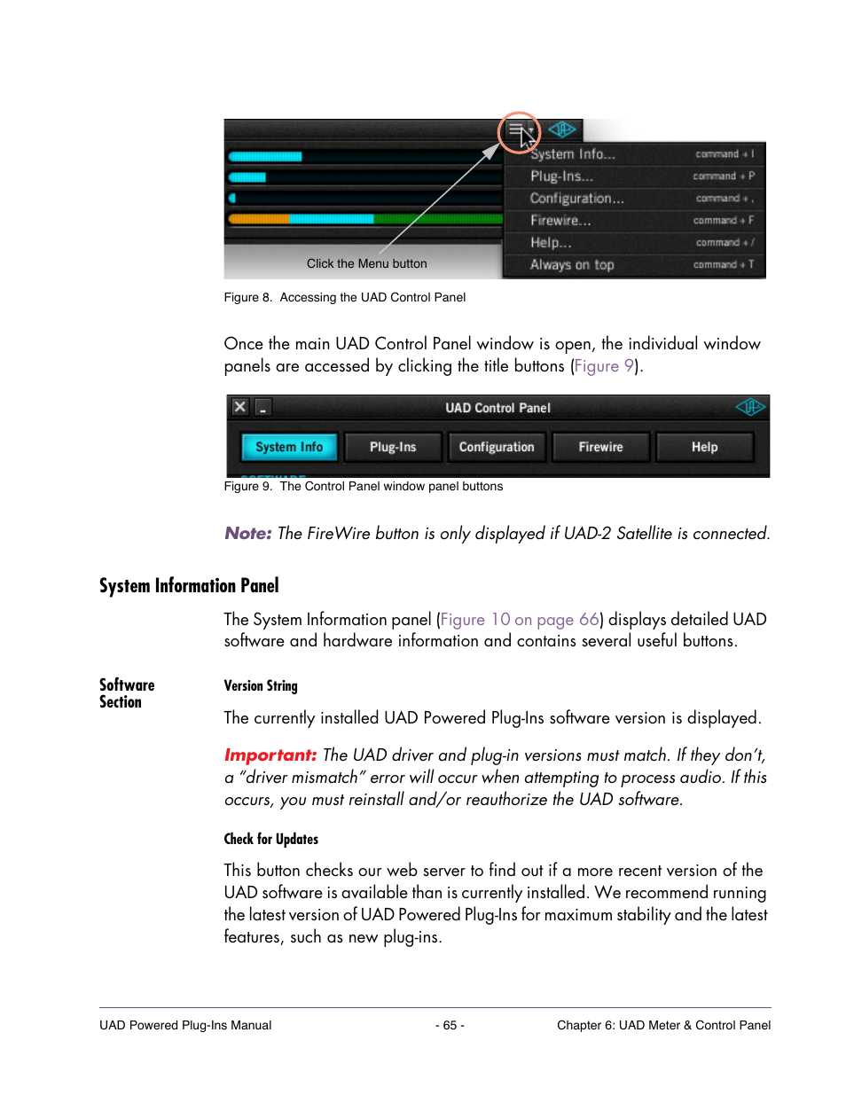 System information panel, Software section, Check | Check for, System information, For com, Dow title bar, And select “always on top.” the mode is, Mation panel (see | Universal Audio UAD POWERED PLUG-INS ver.6.1 User Manual | Page 65 / 585