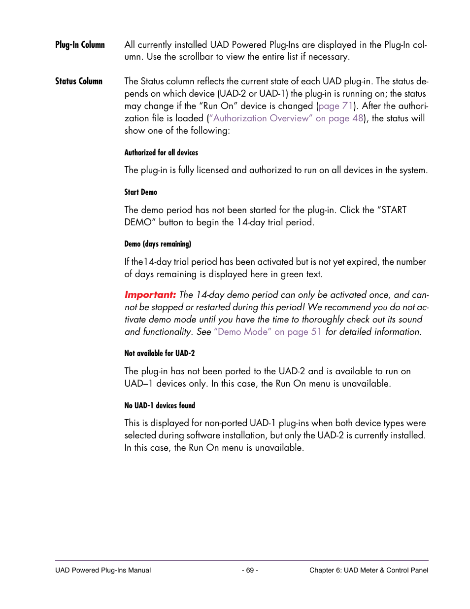 Plug-in column, Status column, Start demo | Universal Audio UAD POWERED PLUG-INS ver.6.1 User Manual | Page 69 / 585