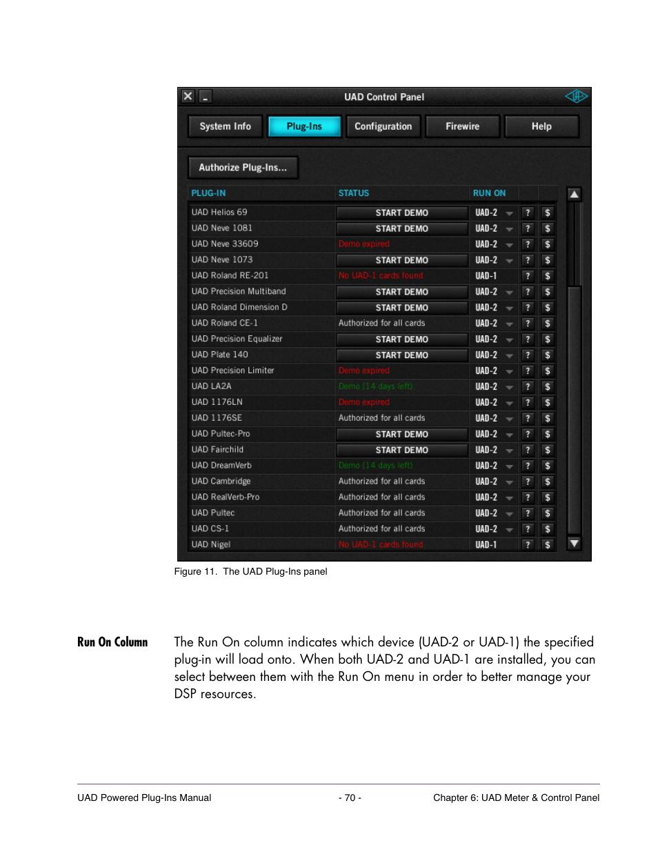 Run on column, In the uad meter | Universal Audio UAD POWERED PLUG-INS ver.6.1 User Manual | Page 70 / 585