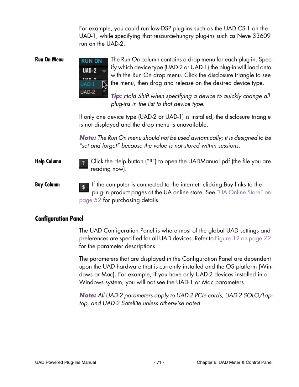 Run on menu, Help column, Buy column | Configuration panel | Universal Audio UAD POWERED PLUG-INS ver.6.1 User Manual | Page 71 / 585