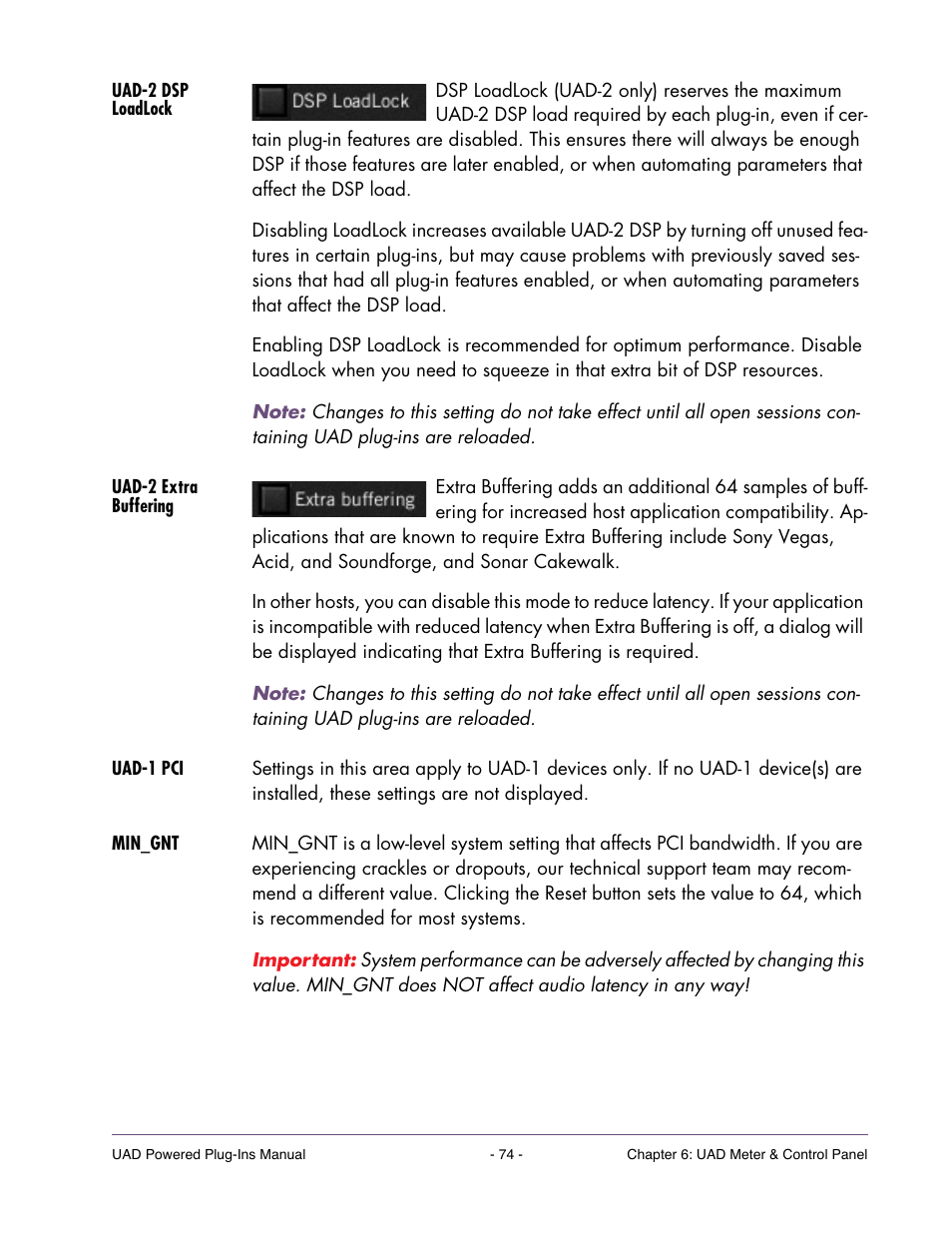 Uad-2 dsp loadlock, Uad-2 extra buffering, Uad-1 pci | Min_gnt, Buffering | Universal Audio UAD POWERED PLUG-INS ver.6.1 User Manual | Page 74 / 585