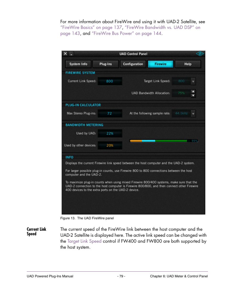 Current link speed, The uad firewire panel, Is where settings specific to | Universal Audio UAD POWERED PLUG-INS ver.6.1 User Manual | Page 79 / 585