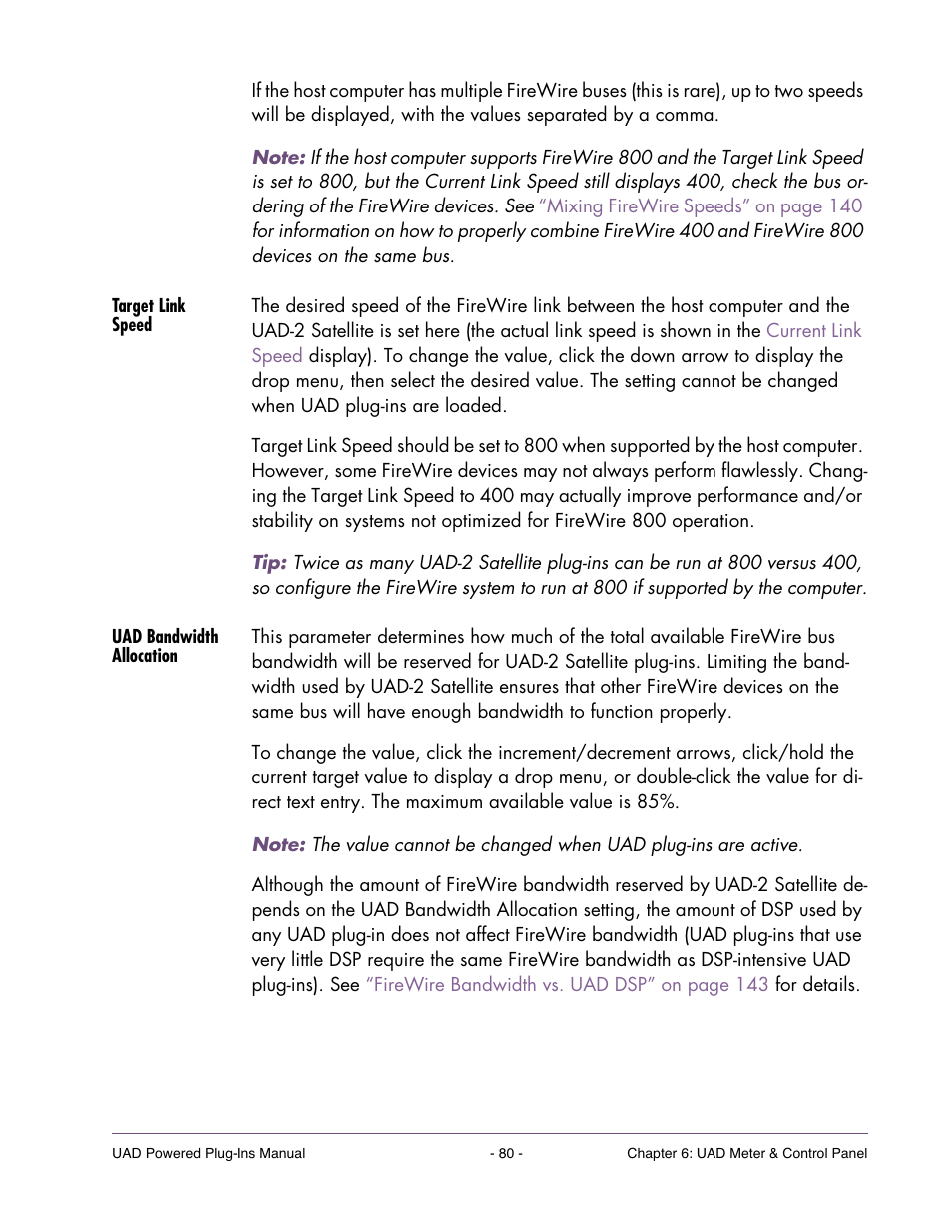 Target link speed, Uad bandwidth allocation, Control if fw400 and fw800 are both supported by | Universal Audio UAD POWERED PLUG-INS ver.6.1 User Manual | Page 80 / 585