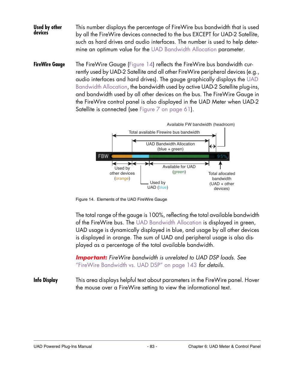 Used by other devices, Firewire gauge, Info display | Percentage from 100% and enter the | Universal Audio UAD POWERED PLUG-INS ver.6.1 User Manual | Page 83 / 585