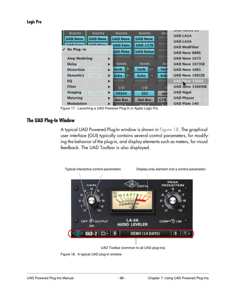 Logic pro, The uad plug-in window | Universal Audio UAD POWERED PLUG-INS ver.6.1 User Manual | Page 86 / 585