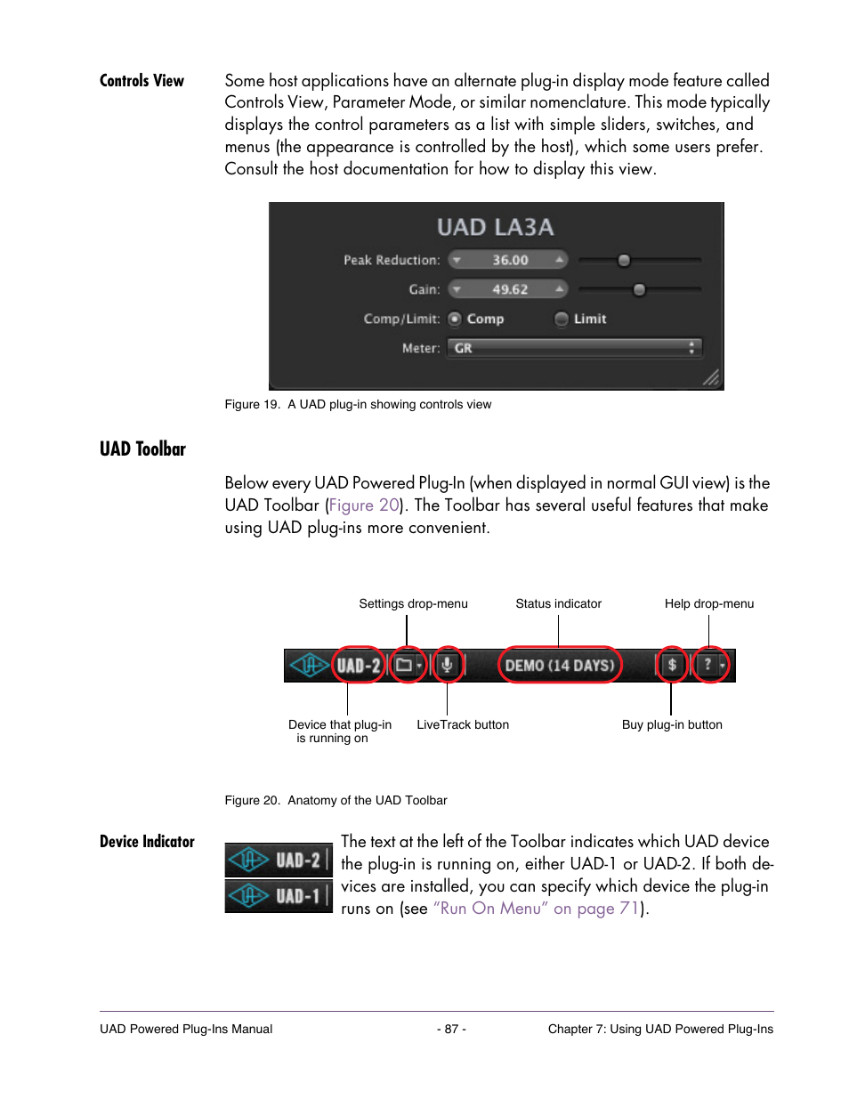 Controls view, Uad toolbar, Device indicator | Oolbar (see | Universal Audio UAD POWERED PLUG-INS ver.6.1 User Manual | Page 87 / 585