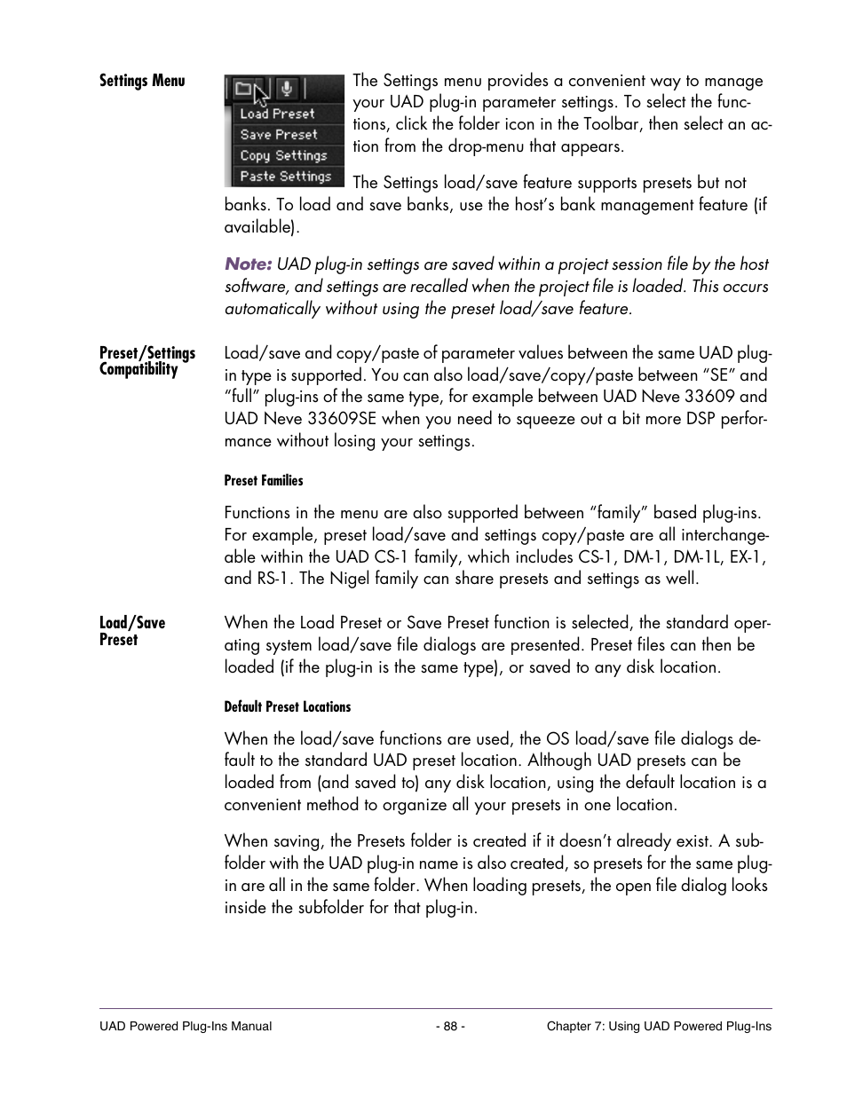 Settings menu, Preset/settings compatibility, Load/save preset | Universal Audio UAD POWERED PLUG-INS ver.6.1 User Manual | Page 88 / 585