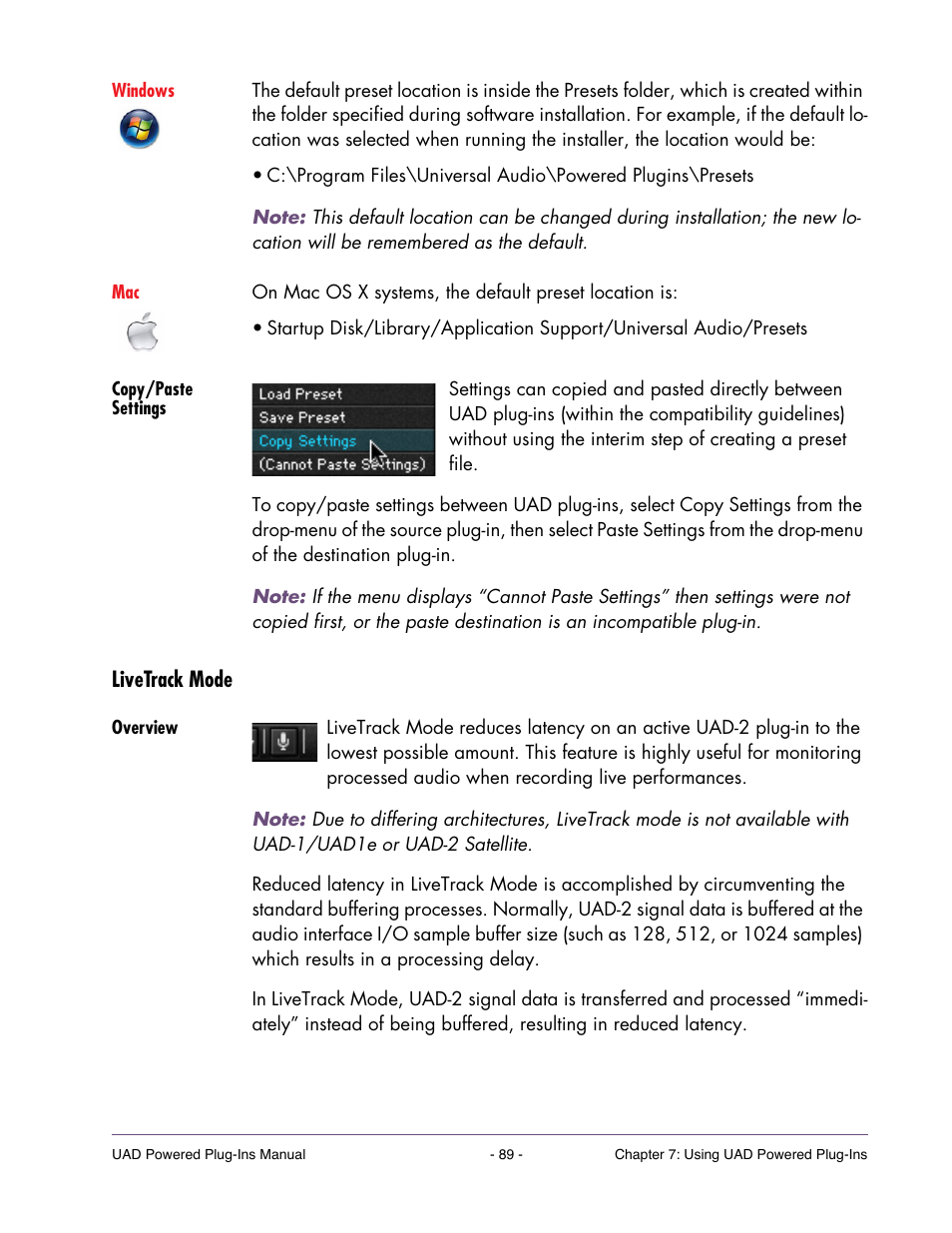 Copy/paste settings, Livetrack mode, Overview | Livetrack mode” on | Universal Audio UAD POWERED PLUG-INS ver.6.1 User Manual | Page 89 / 585