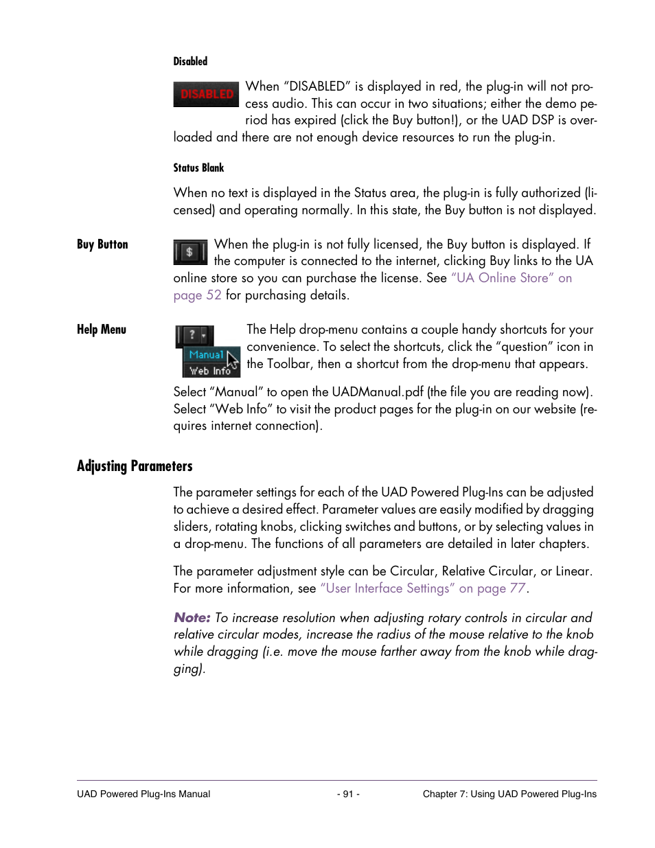 Buy button, Help menu, Adjusting parameters | Universal Audio UAD POWERED PLUG-INS ver.6.1 User Manual | Page 91 / 585