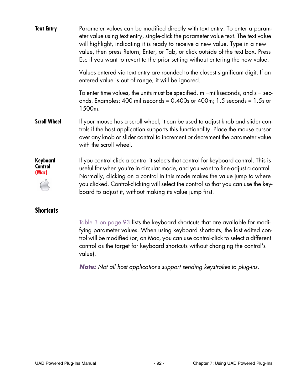 Text entry, Scroll wheel, Keyboard control (mac) | Shortcuts | Universal Audio UAD POWERED PLUG-INS ver.6.1 User Manual | Page 92 / 585