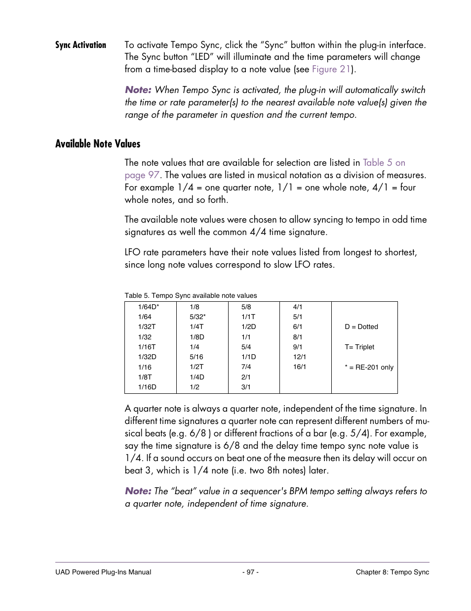 Sync activation, Available note values | Universal Audio UAD POWERED PLUG-INS ver.6.1 User Manual | Page 97 / 585