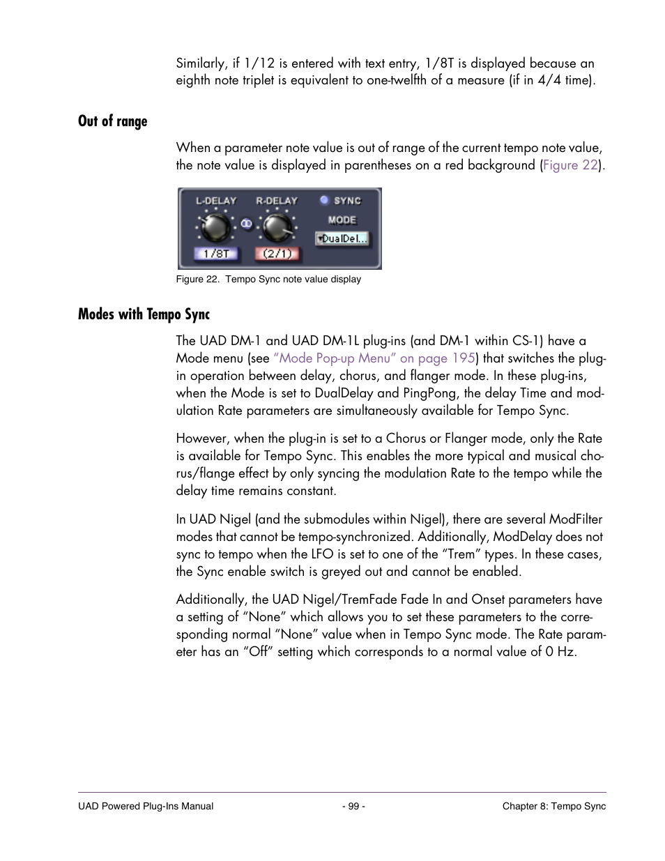 Out of range, Modes with tempo sync | Universal Audio UAD POWERED PLUG-INS ver.6.1 User Manual | Page 99 / 585