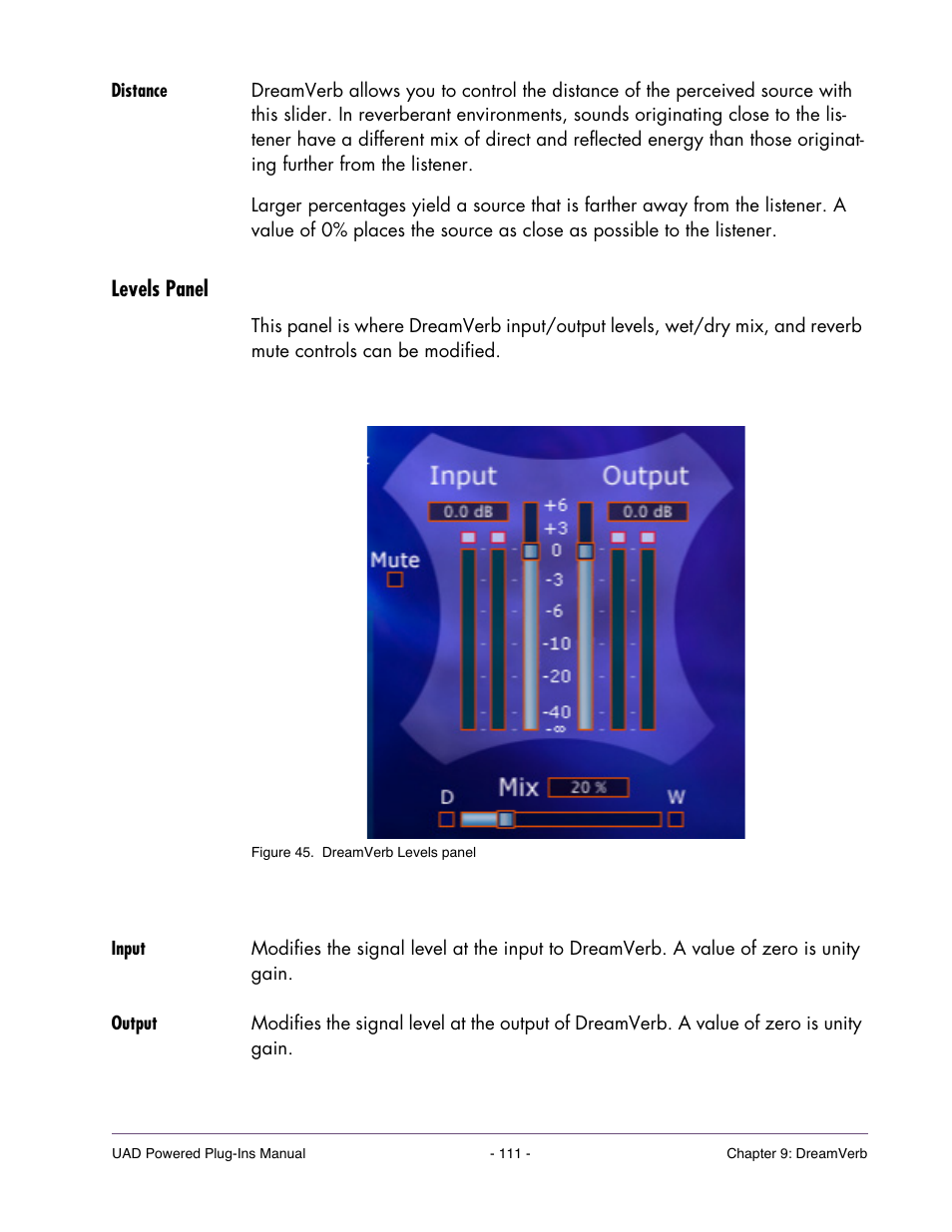 Distance, Levels panel, Input | Output | Universal Audio UAD Plug-Ins ver.7.4.2 User Manual | Page 111 / 508