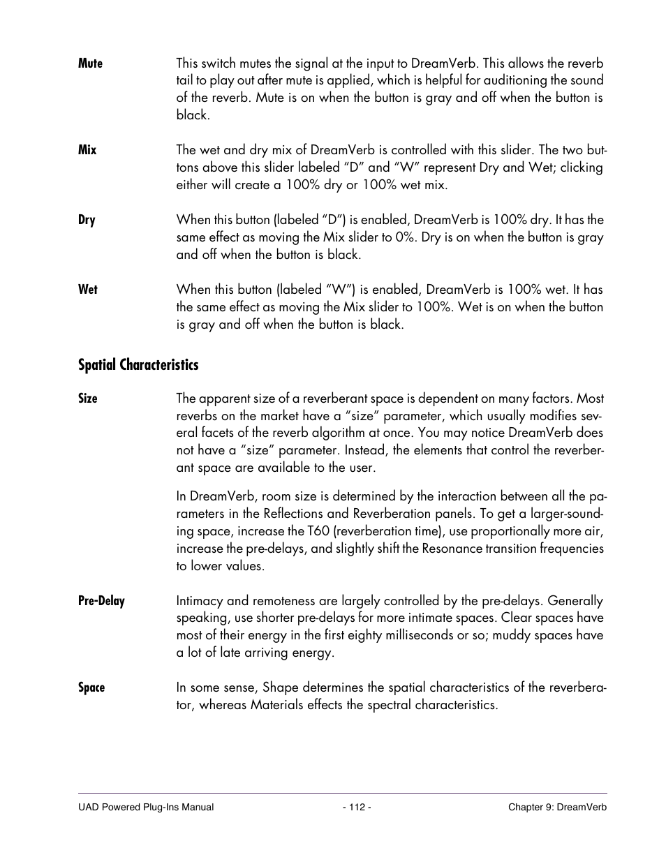 Mute, Spatial characteristics, Size | Pre-delay, Space | Universal Audio UAD Plug-Ins ver.7.4.2 User Manual | Page 112 / 508