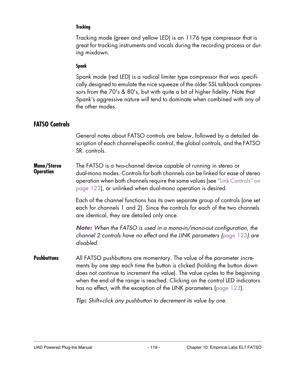 Fatso controls, Mono/stereo operation, Pushbuttons | Universal Audio UAD Plug-Ins ver.7.4.2 User Manual | Page 119 / 508