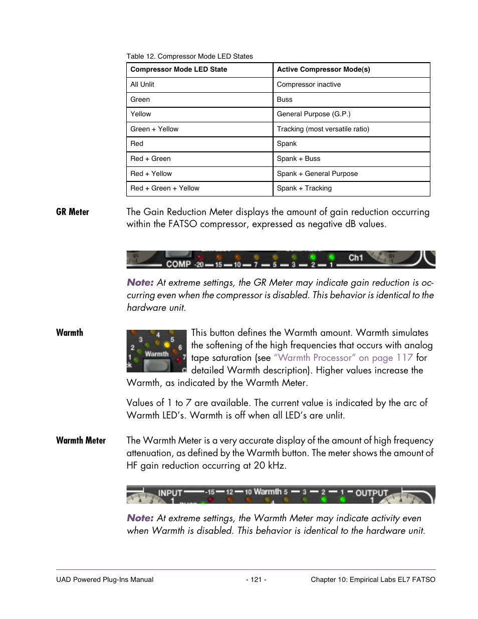 Gr meter, Warmth, Warmth meter | The gain reduction meters, Table 12 on | Universal Audio UAD Plug-Ins ver.7.4.2 User Manual | Page 121 / 508