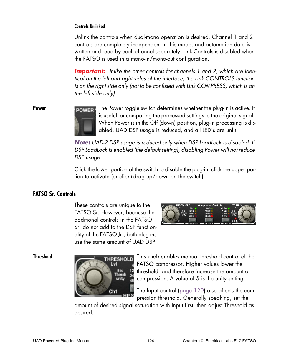 Power, Fatso sr. controls, Threshold | Switch instead | Universal Audio UAD Plug-Ins ver.7.4.2 User Manual | Page 124 / 508